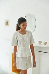Structured Linen Button-Down Short Sleeve Top